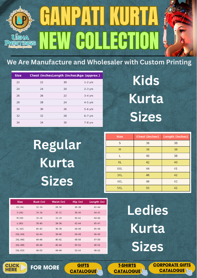Kids, regular and ladies kurta size guide