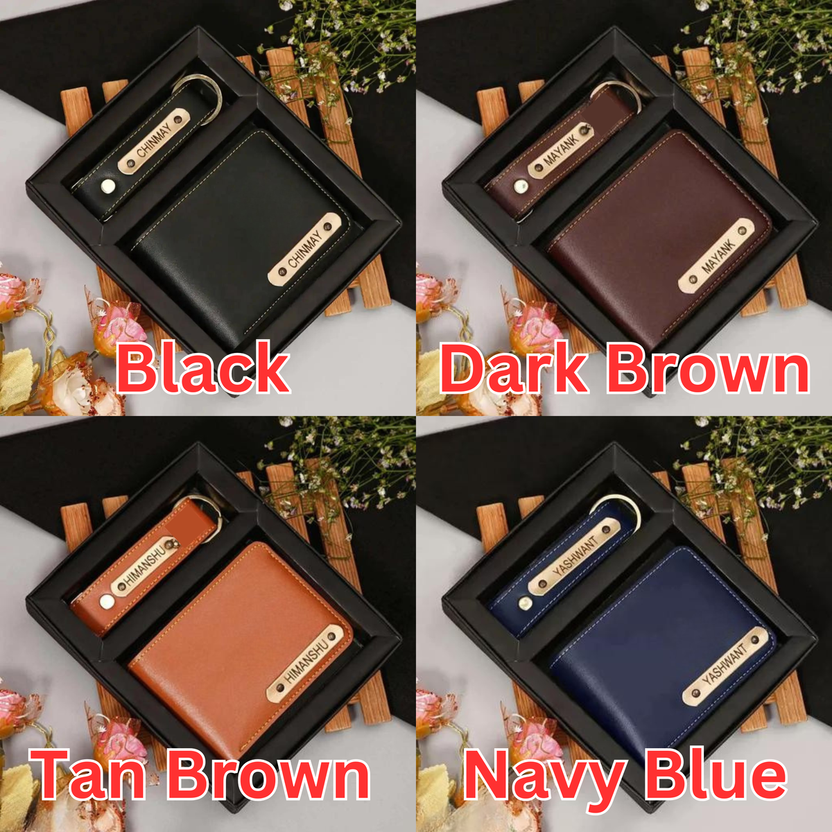 Personalized wallet and keychain combo in black, dark brown, tan brown and navy blue