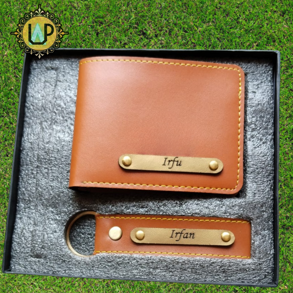Tan brown personalized wallet and matching keychain in gift box